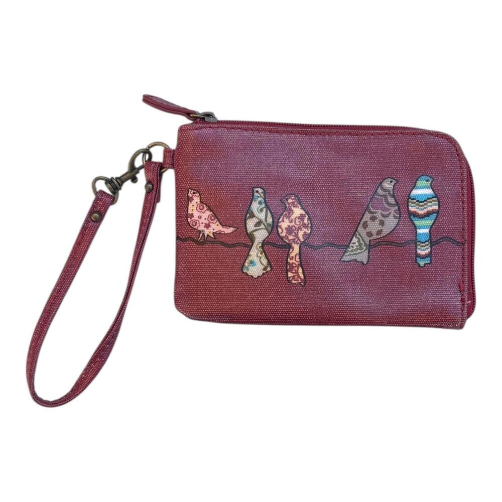 Birds On A Wire Gray Wristlet by Mariposa - Small Red Clutch Boho Red Cute